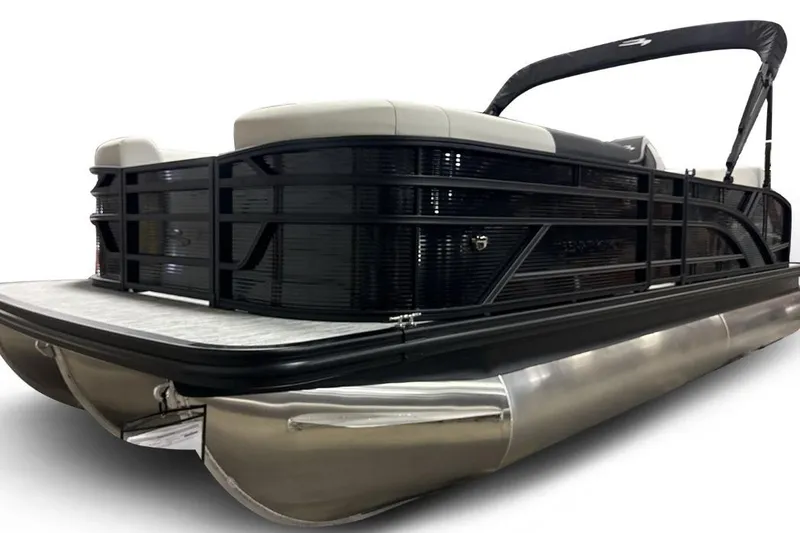 Slide: The Image of 2026 Bennington 22 S1 Swingback pontoon boat with sleek black design and modern features. - 3
