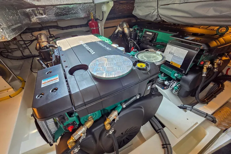 Slide: The Image of Engine room of 2026 Marex 440 boat featuring Volvo Penta engines. - 86