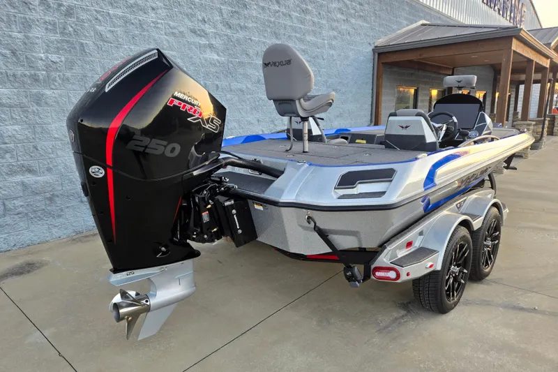 Slide: The Image of 2026 Vexus VXs20 boat with Mercury Pro XS 250 engine, parked on a trailer. - 9
