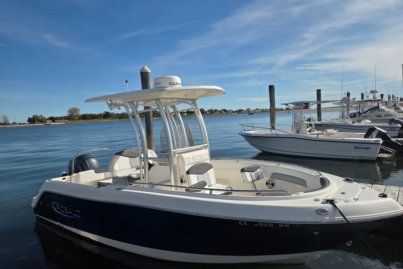 The Image of 2019 Robalo R222 Explorer boat docked on calm water under clear blue sky. - 0