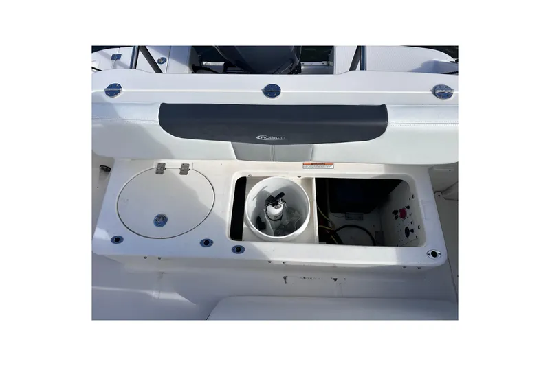 Slide: The Image of 2019 Robalo R222 Explorer boat storage compartments and seating area. - 14