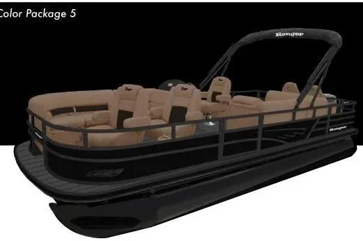 Slide: The Image of 2026 Ranger 220F pontoon boat, black with tan seating, Color Package 5. - 2