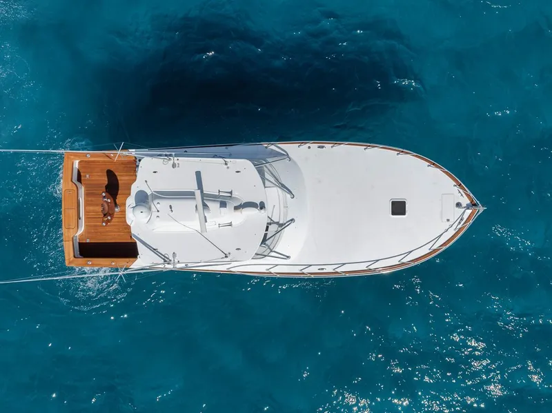 Slide: The Image of 2012 Spencer Yachts Express boat on blue water, city skyline in background. - 4