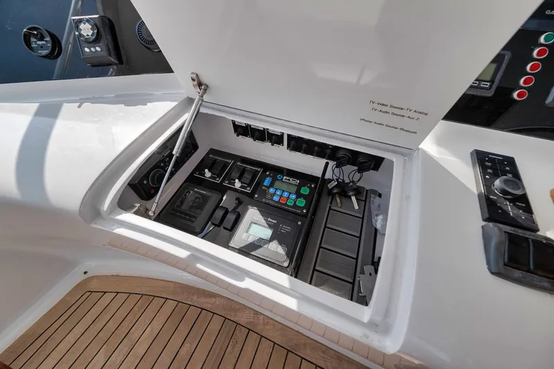 Slide: The Image of Control panel of a 2012 Spencer Yachts Express, featuring various switches and controls. - 48