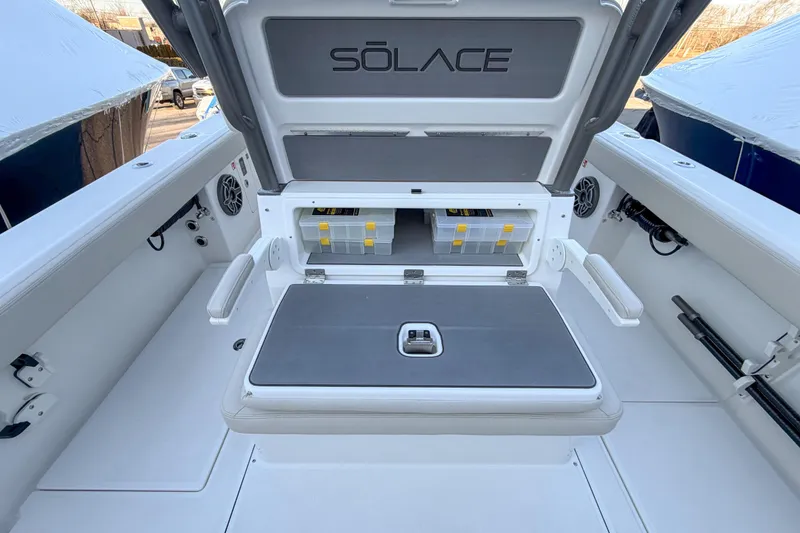 Slide: The Image of Solace 32 CS 2026 boat with storage and speakers. - 18