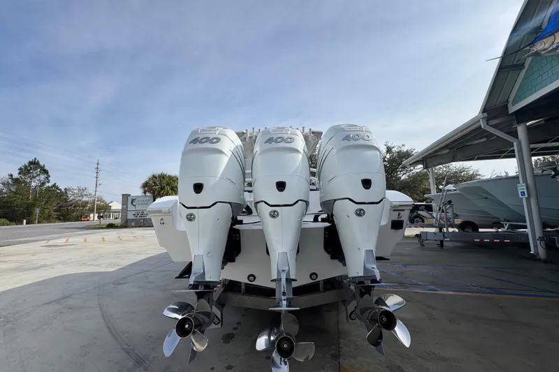 Slide: The Image of 2023 Fountain 38 Tournament Edition boat with triple 400 horsepower engines. - 11
