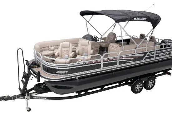 The Image of 2026 Ranger Reata 223FC pontoon boat with canopy on trailer. - 0