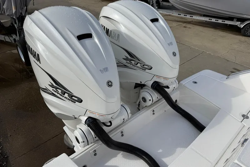 Slide: The Image of Twin Yamaha XTO V8 outboard engines on 2020 Everglades 340 Dual Console boat. - 11