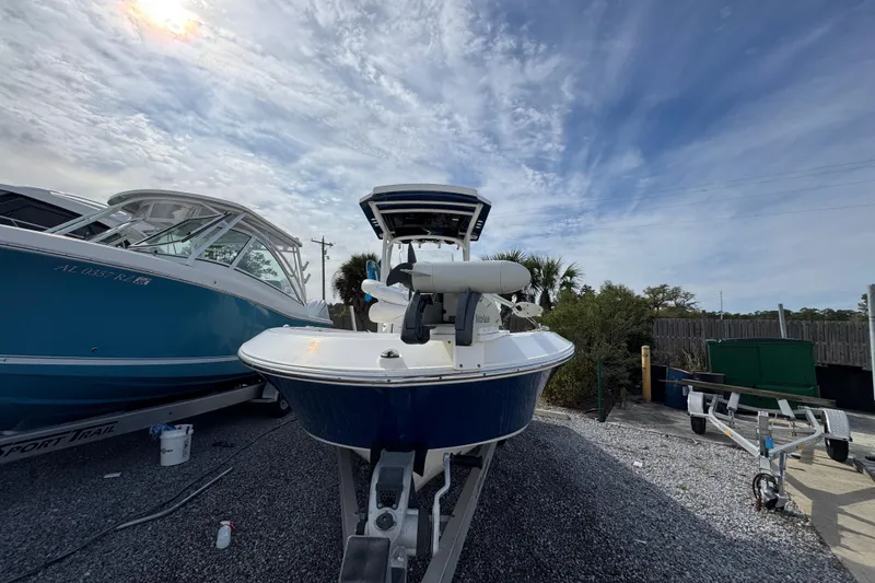 Slide: The Image of 2019 Wellcraft 221 Bay boat on trailer under cloudy sky. - 4