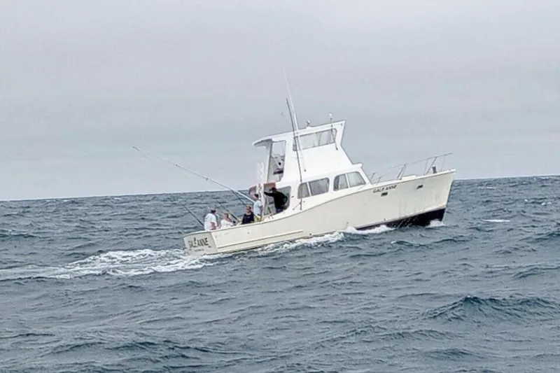 Slide: The Image of 1964 Myron Harris 35 Flybridge boat navigating choppy ocean waters. - 6