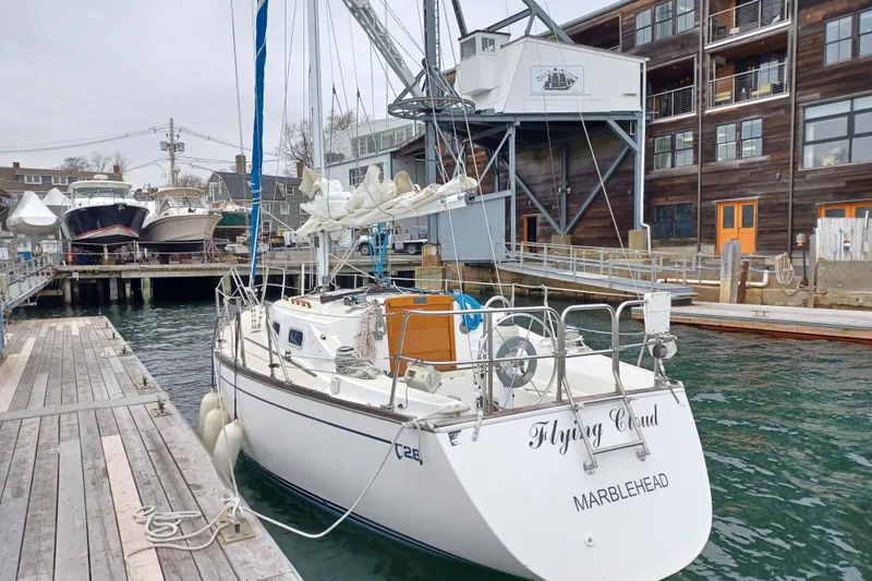 Slide: The Image of Sailboat "Flying Cloud" docked at marina, Tartan 28 model, 1988, in Marblehead. - 4