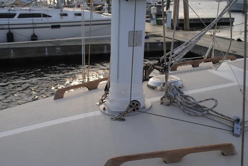 Slide: The Image of Deck of a 1988 Tartan 28 sailboat in harbor. - 9