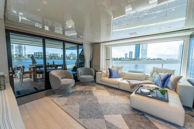 Slide: The Image of Luxurious 2021 Sanlorenzo SX76 yacht interior with modern seating and panoramic ocean views. - 25