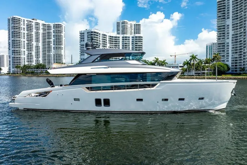 Slide: The Image of Luxury 2021 Sanlorenzo SX76 yacht cruising near modern city skyline. - 3