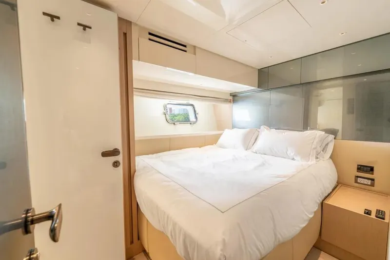 Slide: The Image of Luxurious bedroom interior of 2021 Sanlorenzo SX76 yacht with modern design and cozy bedding. - 33