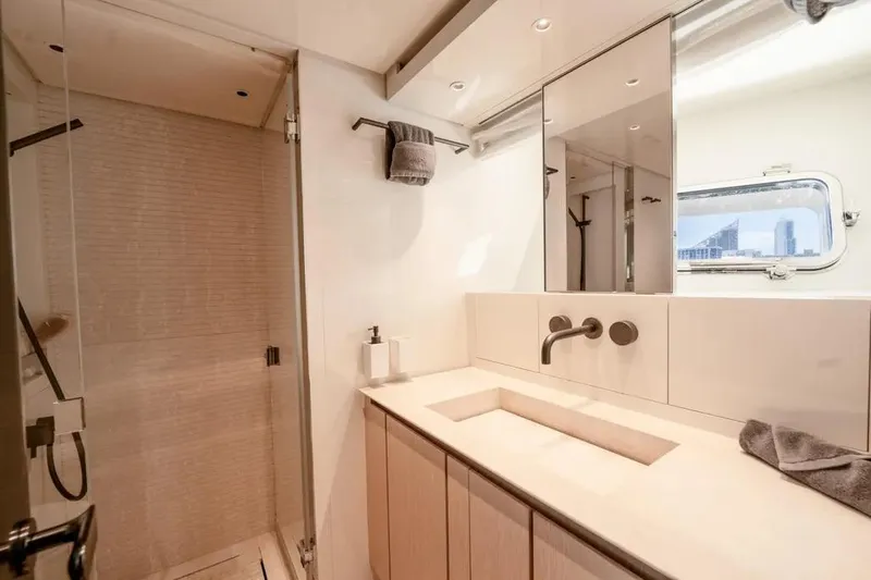 Slide: The Image of Luxurious bathroom in 2021 Sanlorenzo SX76 yacht with modern fixtures and elegant design. - 34