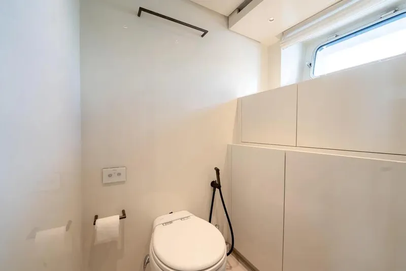 Slide: The Image of Bathroom interior of 2021 Sanlorenzo SX76 yacht, featuring modern design and natural light. - 40