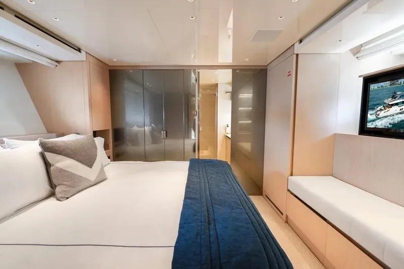 Slide: The Image of Luxurious bedroom interior of 2021 Sanlorenzo SX76 yacht with modern design and elegant decor. - 7