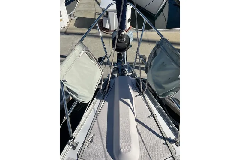 Slide: The Image of Bow of a 2016 Catalina 385 sailboat with deck details and railing. - 31