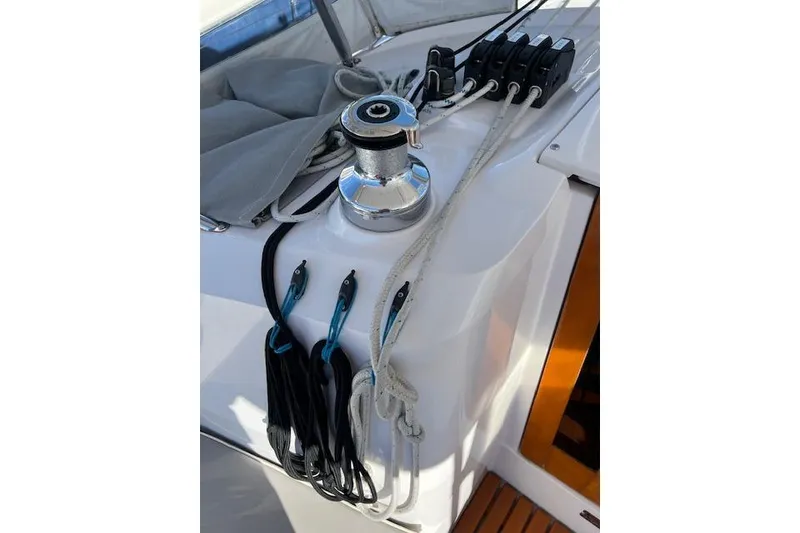 Slide: The Image of Sailing equipment on 2016 Catalina 385 yacht, featuring winch and ropes. - 37