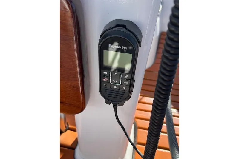 Slide: The Image of Raymarine marine radio on Catalina 385 sailboat, 2016 model, mounted on white surface. - 41