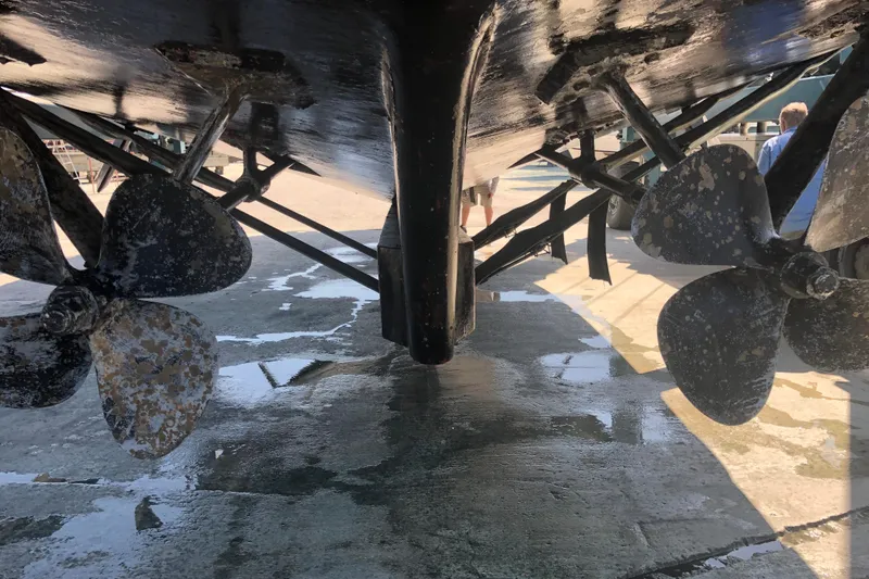 Slide: The Image of Underwater view of 1982 DeFever 52 Offshore Cruiser propellers and rudders. - 11