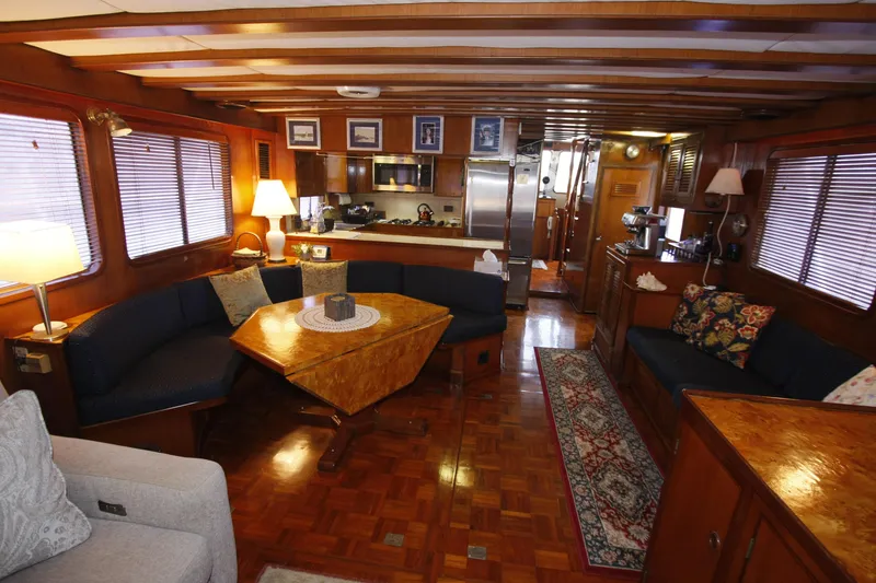 Slide: The Image of Luxurious interior of 1982 DeFever 52 Offshore Cruiser with elegant wood finishes. - 22