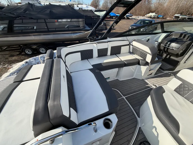 Slide: The Image of Interior of a 2023 Monterey M6 boat with luxurious seating. - 15