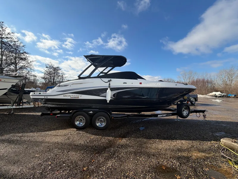 Slide: The Image of 2023 Monterey M6 boat on trailer under blue sky. - 3