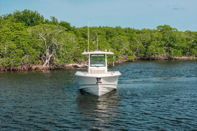 Slide: The Image of 2019 Boston Whaler 330 Outrage boat cruising in a lush, green mangrove-lined waterway. - 2