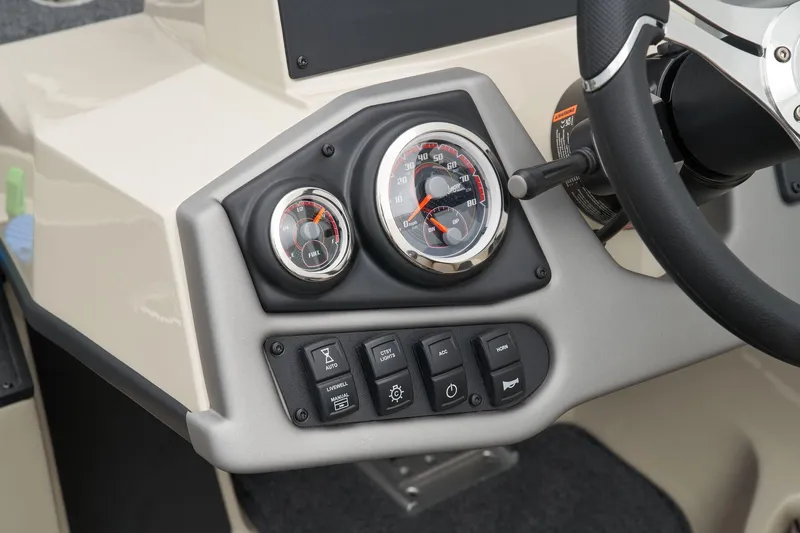 Slide: The Image of Manufacturer Provided Image: Dashboard of 2026 Ranger Z185 boat with gauges and control switches. - 39
