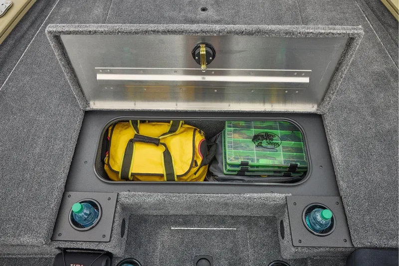 Slide: The Image of Manufacturer Provided Image: 2026 Tracker Pro Team 195 storage compartment with gear and tackle box. - 30