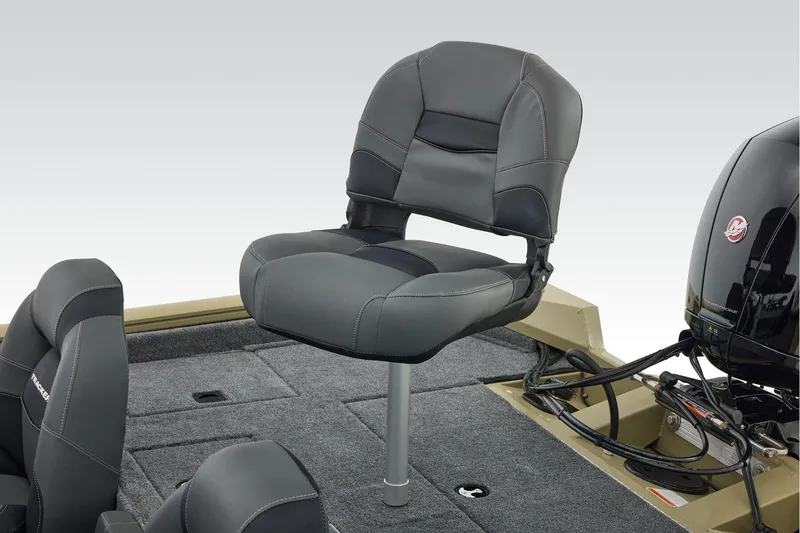 Slide: The Image of Manufacturer Provided Image: 2026 Tracker Pro Team 195 boat seat with gray upholstery and motor detail. - 46