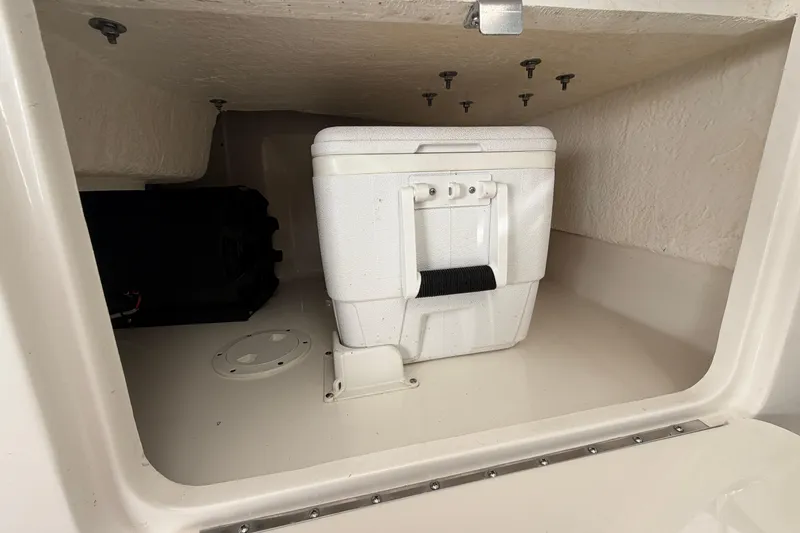 Slide: The Image of Storage compartment with cooler on 2014 Sea Ray 370 Sundancer boat. - 30