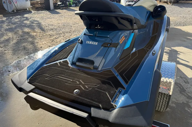 Slide: The Image of 2025 Yamaha WaveRunner FX Limited SVHO in blue, parked on a trailer. - 2