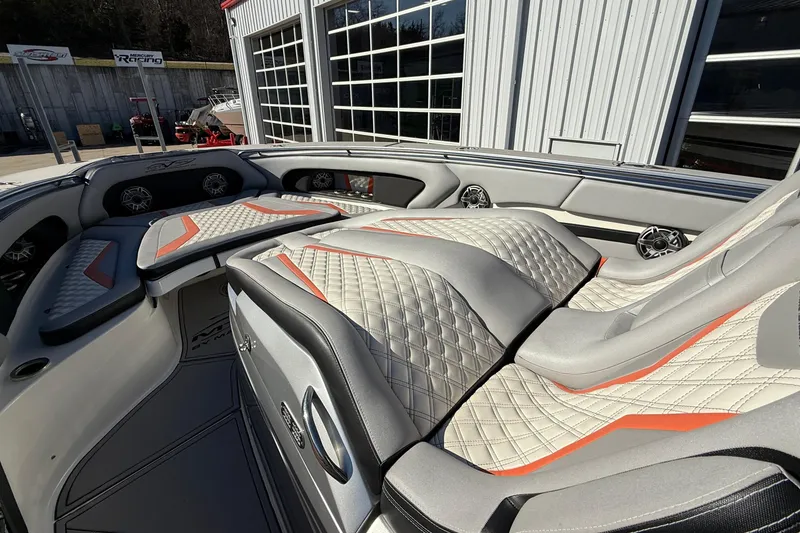 Slide: The Image of Luxurious interior of a 2017 MTI 42V boat with quilted seats and modern design. - 25