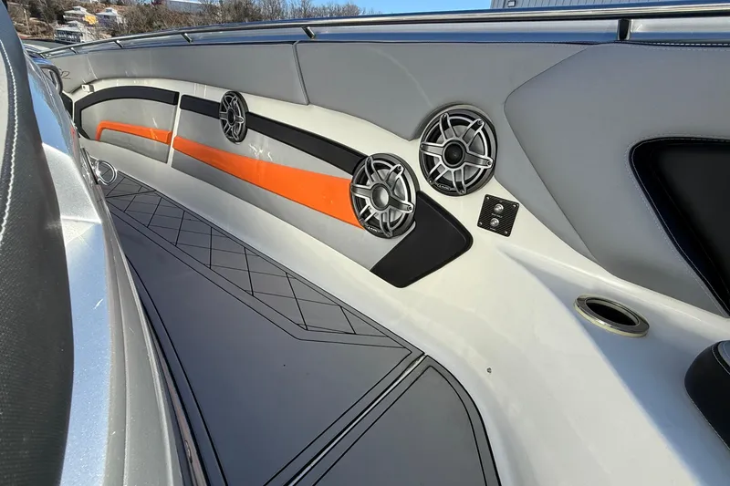 Slide: The Image of Interior of 2017 MTI 42V boat with sleek design and modern speakers. - 27