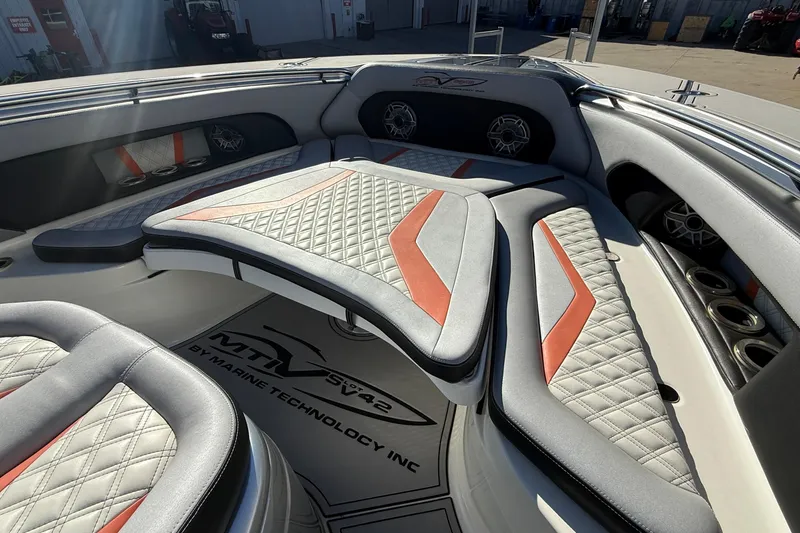 Slide: The Image of Luxury interior of 2017 MTI 42V boat with quilted seating and modern design. - 29