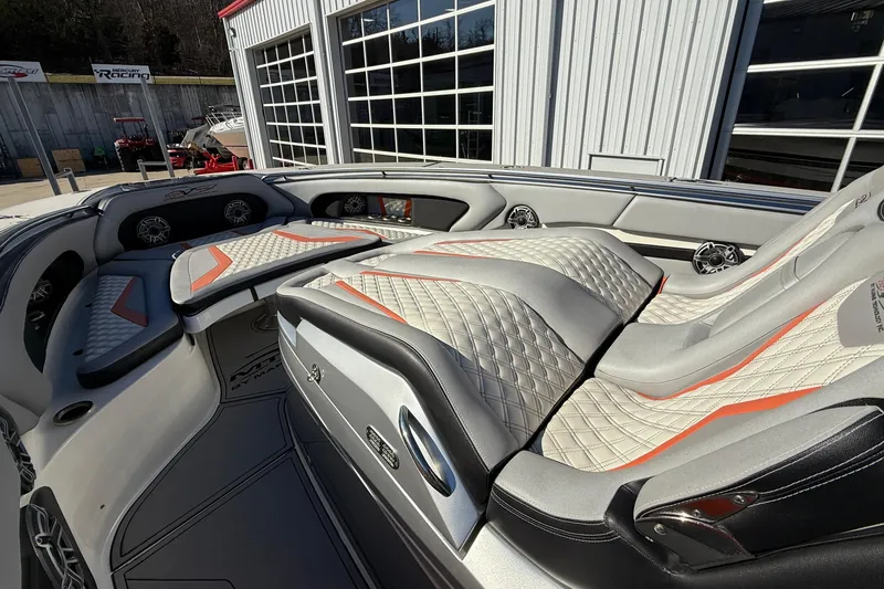 Slide: The Image of Luxurious interior of a 2017 MTI 42V boat with quilted seating and modern design. - 30