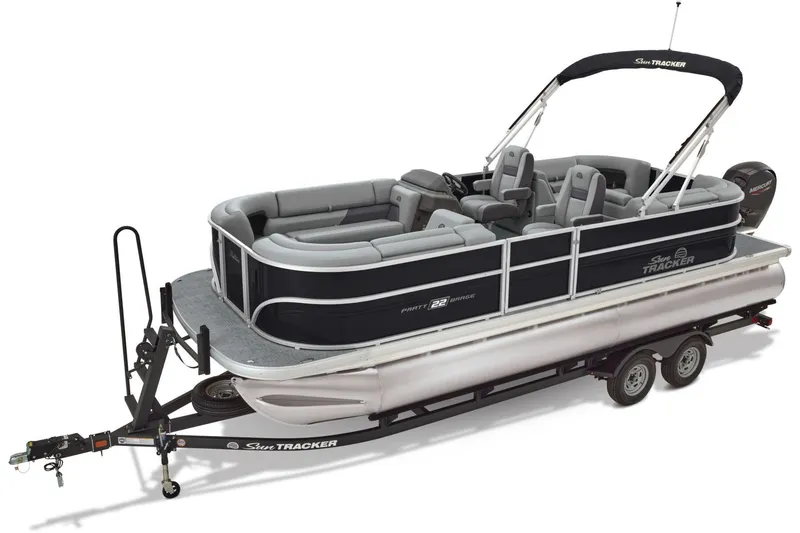 Slide: The Image of Manufacturer Provided Image: 2026 Sun Tracker Party Barge 22 DLX pontoon boat on trailer, featuring spacious seating. - 27
