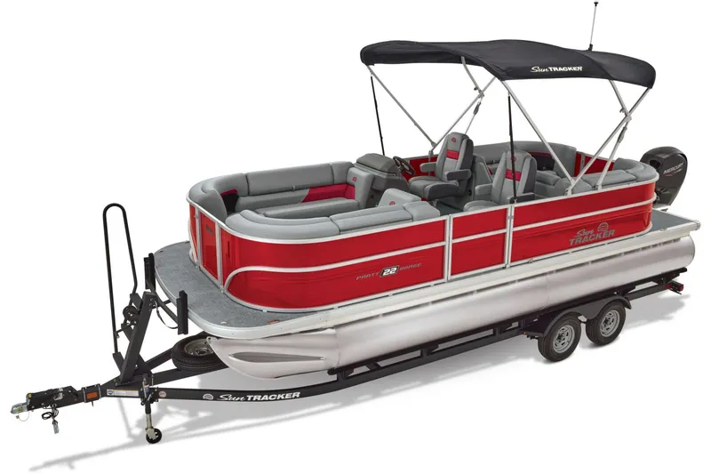 Slide: The Image of Manufacturer Provided Image: 2026 Sun Tracker Party Barge 22 DLX pontoon boat on trailer, red and gray design. - 28