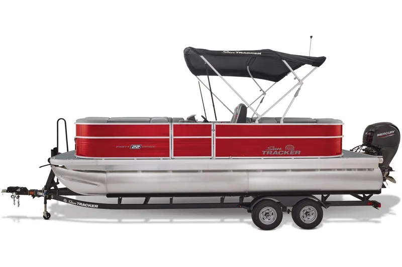 Slide: The Image of Manufacturer Provided Image: 2026 Sun Tracker Party Barge 22 DLX pontoon boat with red exterior and canopy. - 34