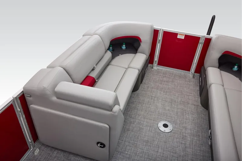Slide: The Image of Manufacturer Provided Image: 2026 Sun Tracker Party Barge 22 DLX interior with gray seating and red accents. - 43