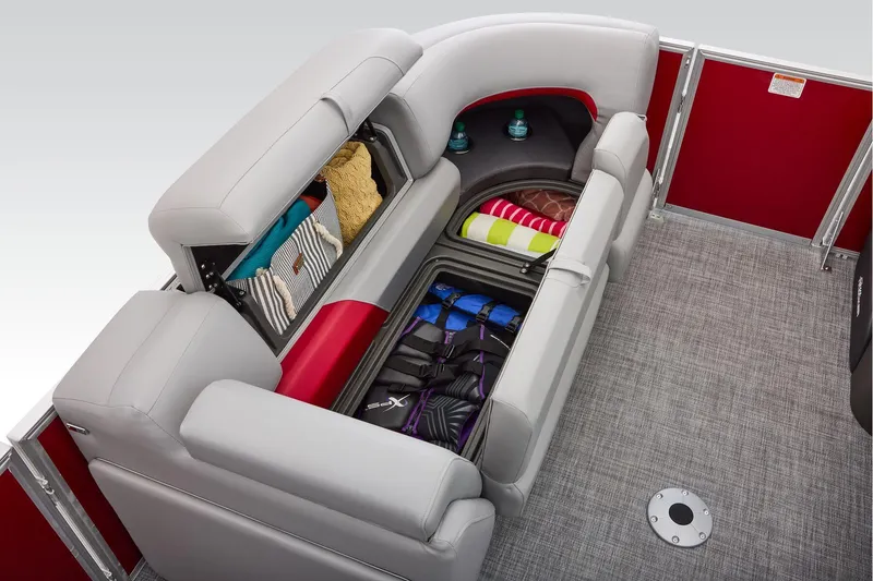 Slide: The Image of Manufacturer Provided Image: 2026 Sun Tracker Party Barge 22 DLX interior storage with life jackets and towels. - 44