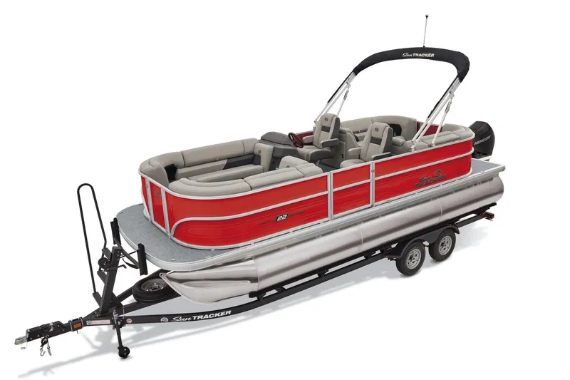 Slide: The Image of Manufacturer Provided Image: 2026 Sun Tracker Party Barge 22 XP3 pontoon boat on trailer, red and silver design. - 27