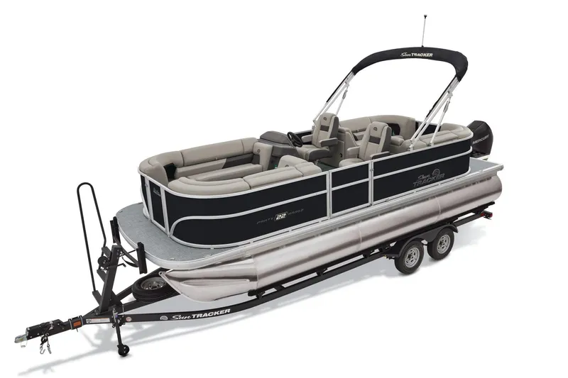 Slide: The Image of Manufacturer Provided Image: 2026 Sun Tracker Party Barge 22 XP3 pontoon boat on trailer, featuring spacious seating. - 28