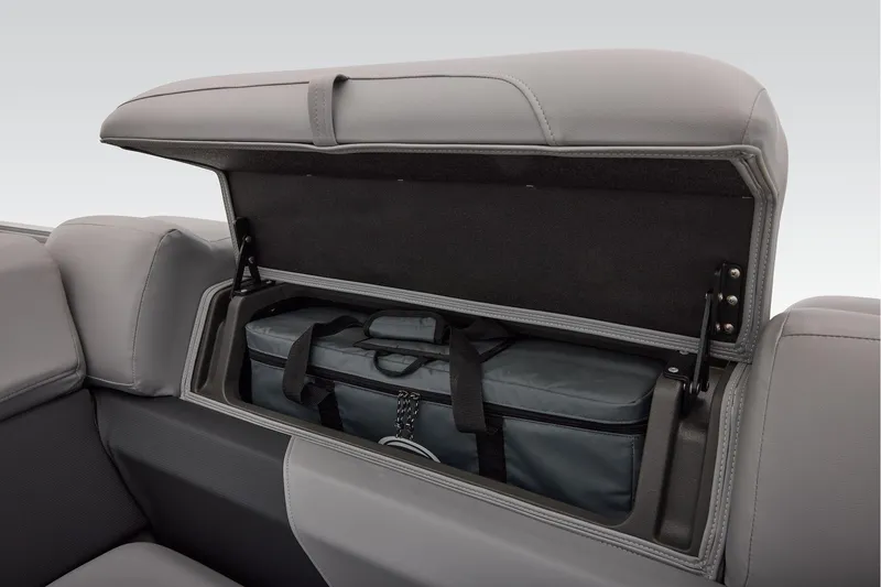 Slide: The Image of Manufacturer Provided Image: 2026 Sun Tracker Party Barge 22 XP3 storage compartment with cooler bag. - 40