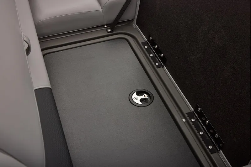 Slide: The Image of Manufacturer Provided Image: 2026 Sun Tracker Party Barge 22 XP3 storage compartment with secure latch and seating area. - 41