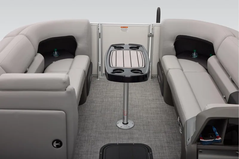 Slide: The Image of Manufacturer Provided Image: 2026 Sun Tracker Party Barge 22 XP3 interior with gray seating and central table. - 45