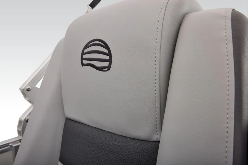 Slide: The Image of Manufacturer Provided Image: 2026 Sun Tracker Party Barge 22 XP3 seat with logo, featuring gray upholstery. - 62
